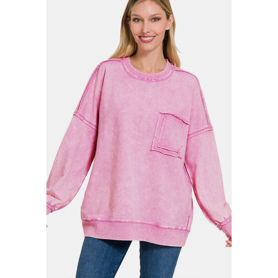Zenana Exposed Seam Round Neck Dropped Shoulder Sweatshirt MAUVE / S Apparel and Accessories