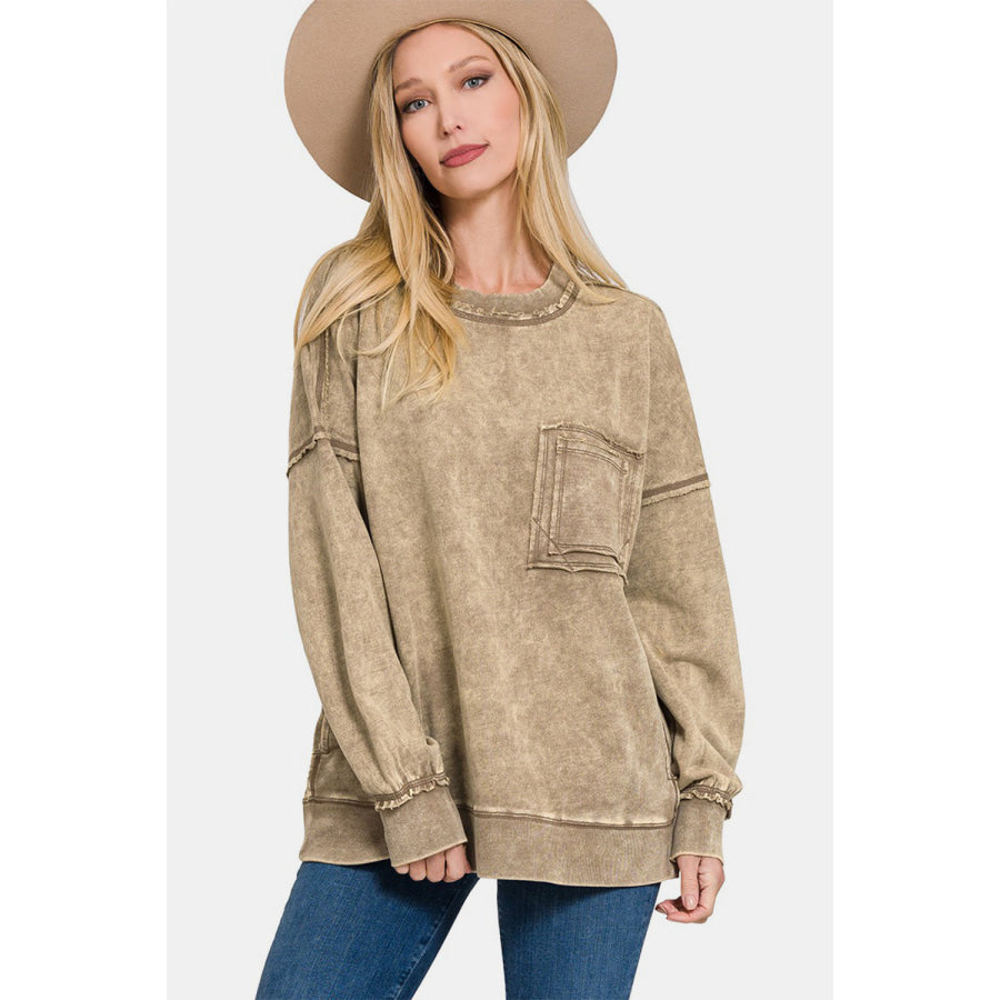 Zenana Exposed Seam Round Neck Dropped Shoulder Sweatshirt Mocha / S Apparel and Accessories