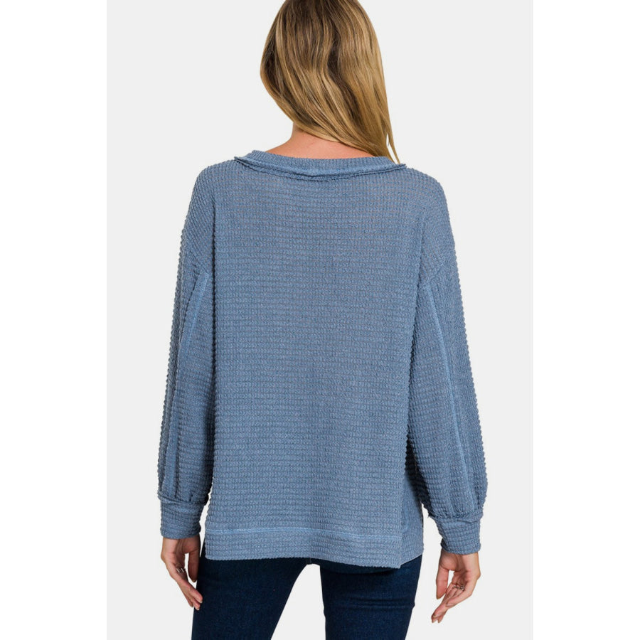 Zenana Exposed Seam Side Slit Long Sleeve Top Dusty Blue / S/M Apparel and Accessories