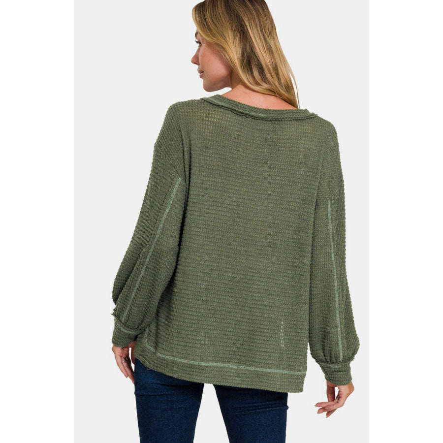 Zenana Exposed Seam Side Slit Long Sleeve Top Apparel and Accessories