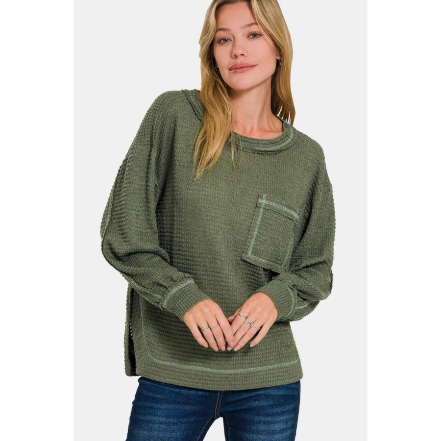 Zenana Exposed Seam Side Slit Long Sleeve Top Dk Olive / S/M Apparel and Accessories