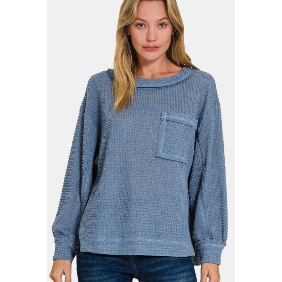 Zenana Exposed Seam Side Slit Long Sleeve Top Dusty Blue / S/M Apparel and Accessories