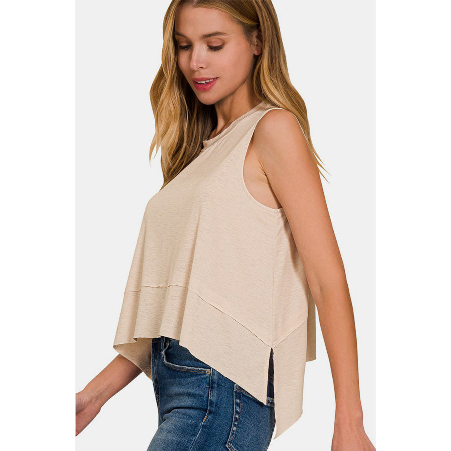 Zenana Exposed Seam Slit Round Neck Tank Sand Beige / S Apparel and Accessories