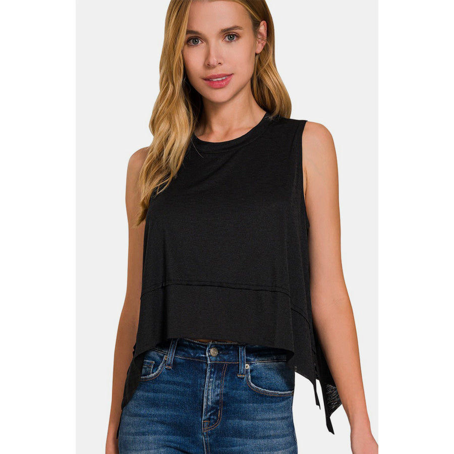 Zenana Exposed Seam Slit Round Neck Tank Black / S Apparel and Accessories