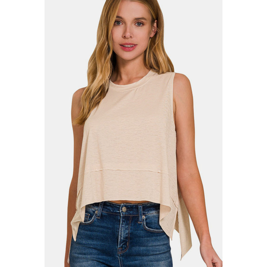 Zenana Exposed Seam Slit Round Neck Tank Sand Beige / S Apparel and Accessories