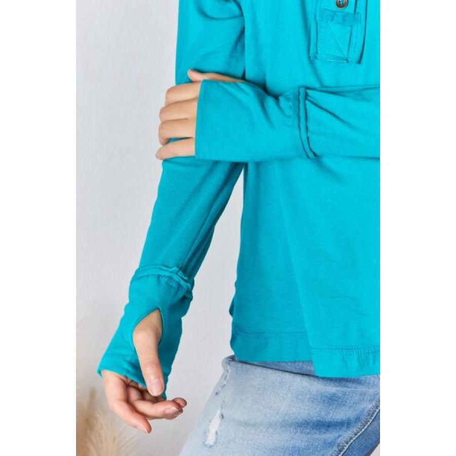 Zenana Exposed Seam Thumbhole Long Sleeve Top Apparel and Accessories