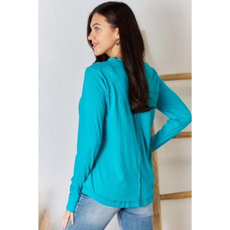 Zenana Exposed Seam Thumbhole Long Sleeve Top Light Teal / S Apparel and Accessories