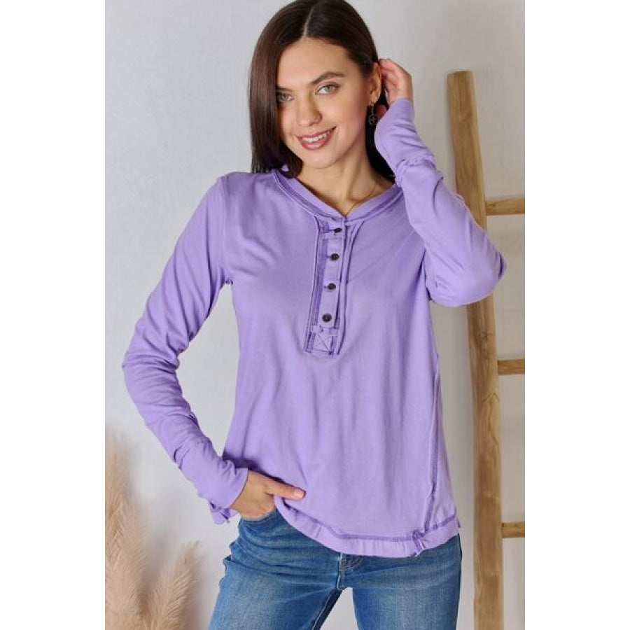 Zenana Exposed Seam Thumbhole Long Sleeve Top Lavender / S Apparel and Accessories