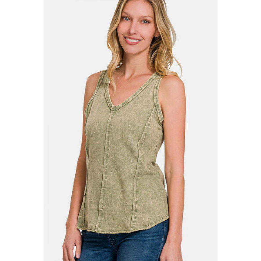 Zenana Exposed Seam V - Neck Wide Strap Tank LAVENDER / S Apparel and Accessories