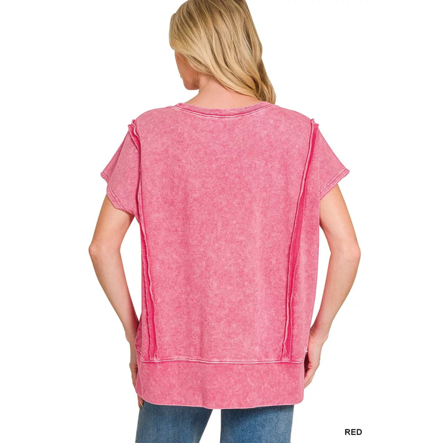 Zenana F/terry Halo Snow Washed Oversized Hi-low Top RED / S Apparel and Accessories