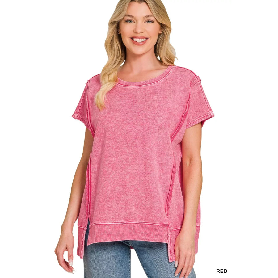 Zenana F/terry Halo Snow Washed Oversized Hi-low Top Apparel and Accessories
