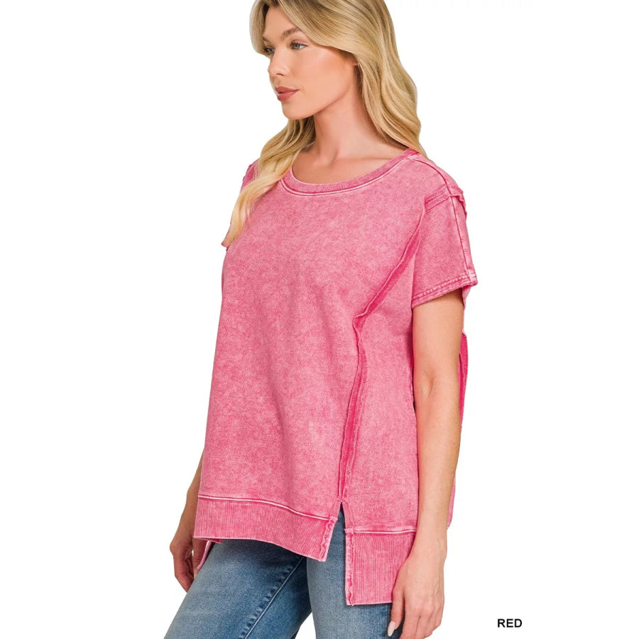 Zenana F/terry Halo Snow Washed Oversized Hi-low Top Apparel and Accessories