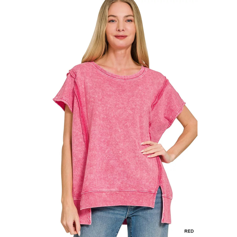 Zenana F/terry Halo Snow Washed Oversized Hi-low Top RED / S Apparel and Accessories