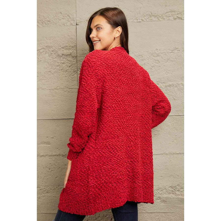 Zenana Falling For You Full Size Open Front Popcorn Cardigan Apparel and Accessories