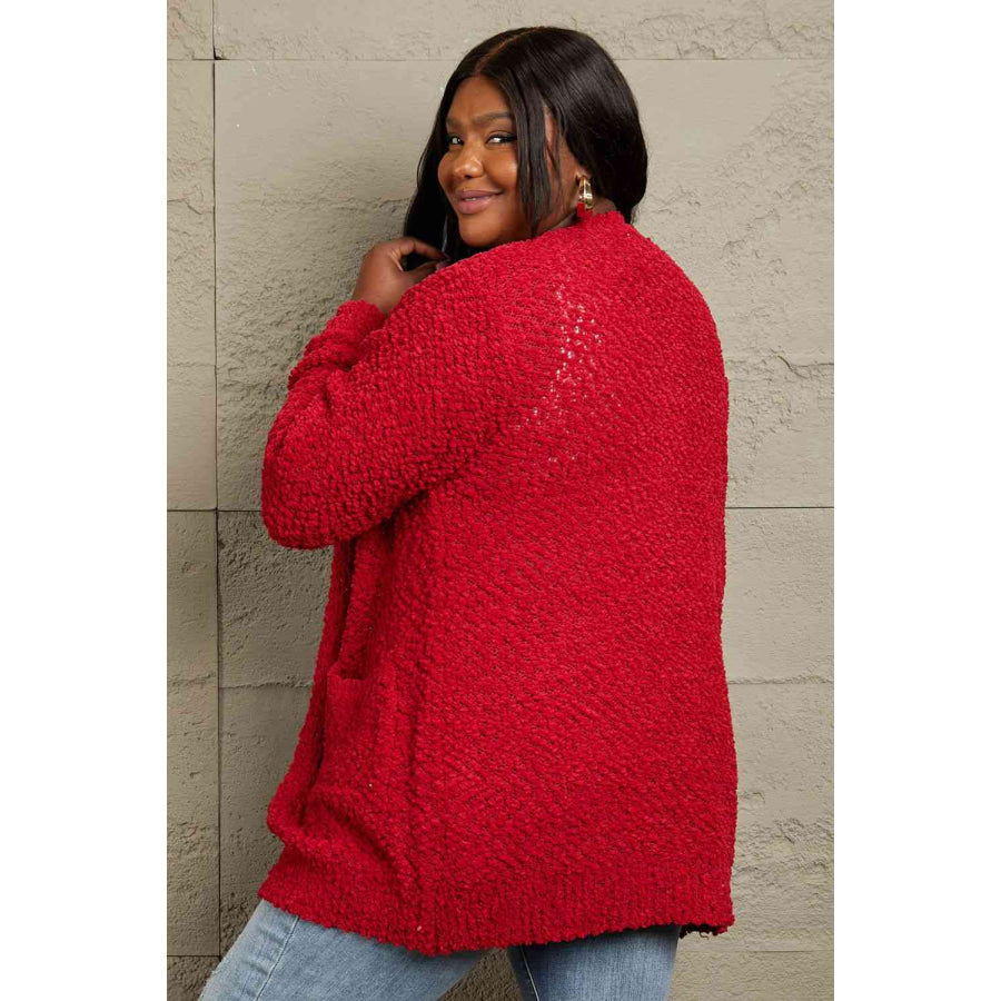 Zenana Falling For You Full Size Open Front Popcorn Cardigan Red / S Apparel and Accessories