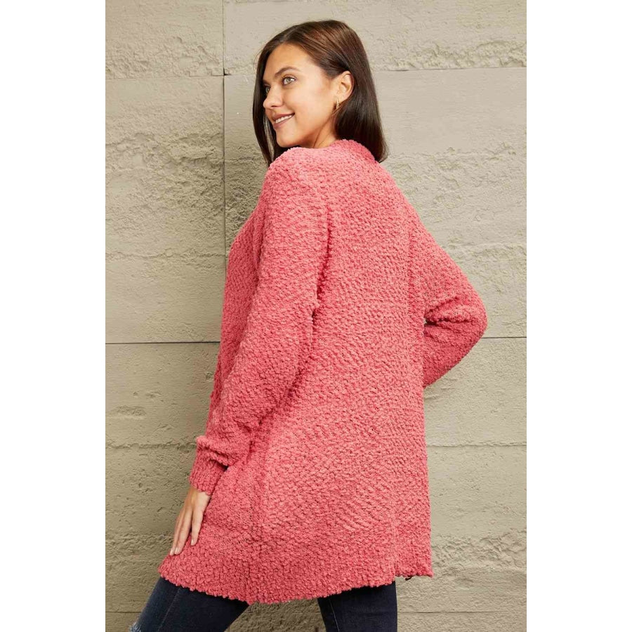Zenana Falling For You Full Size Open Front Popcorn Cardigan Apparel and Accessories