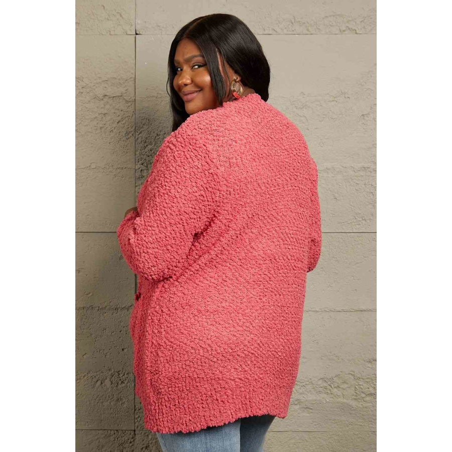 Zenana Falling For You Full Size Open Front Popcorn Cardigan Strawberry / S Apparel and Accessories