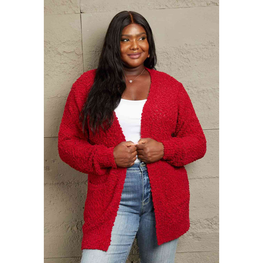 Zenana Falling For You Full Size Open Front Popcorn Cardigan Red / S Apparel and Accessories