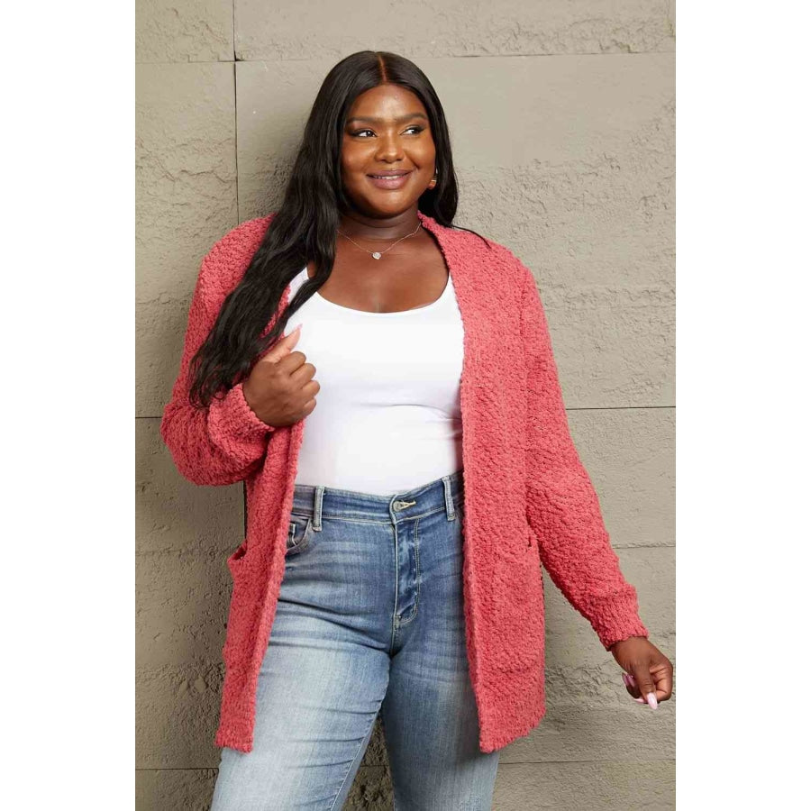 Zenana Falling For You Full Size Open Front Popcorn Cardigan Strawberry / S Apparel and Accessories
