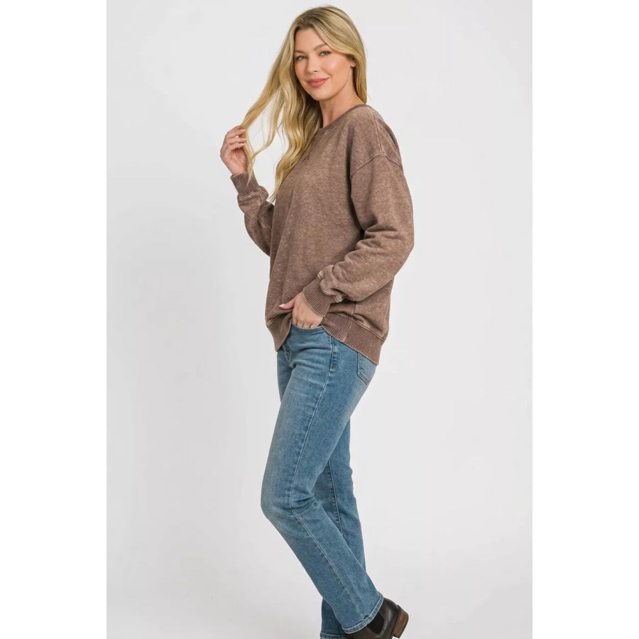 Zenana Fleece Acid Enzyme Washed Round Neck Sweatshirts BROWN / S Apparel and Accessories