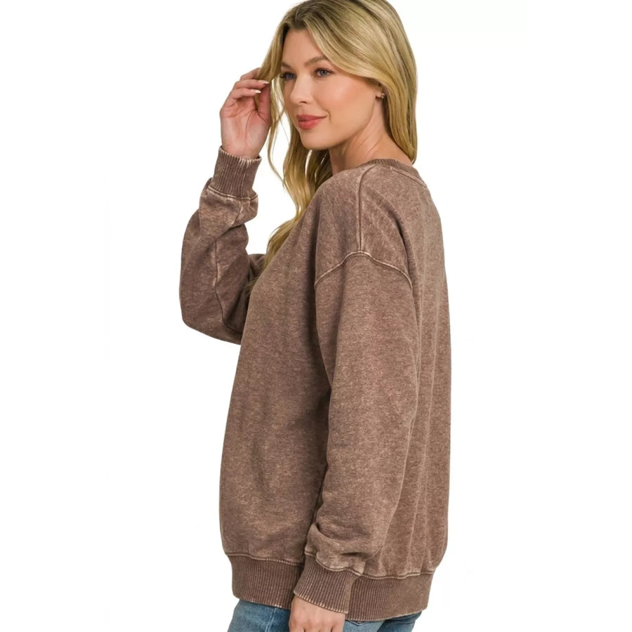 Zenana Fleece Acid Enzyme Washed Round Neck Sweatshirts Apparel and Accessories