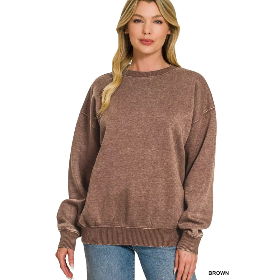Zenana Fleece Acid Enzyme Washed Round Neck Sweatshirts BROWN / S Apparel and Accessories