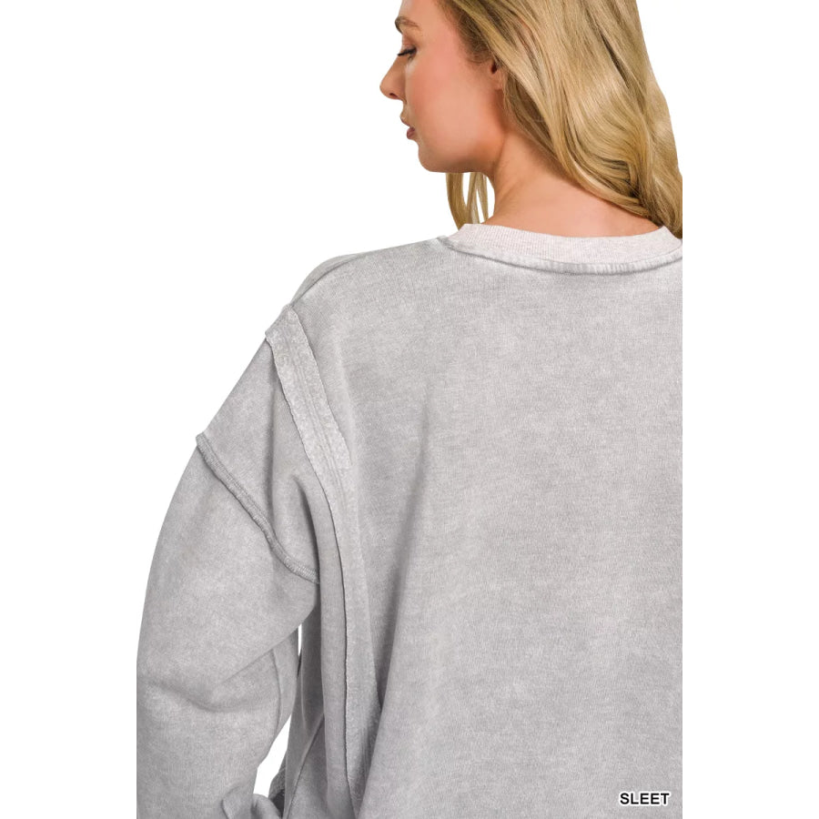 Zenana Fleece Acid Washed Contrast Trim Pullover Apparel and Accessories