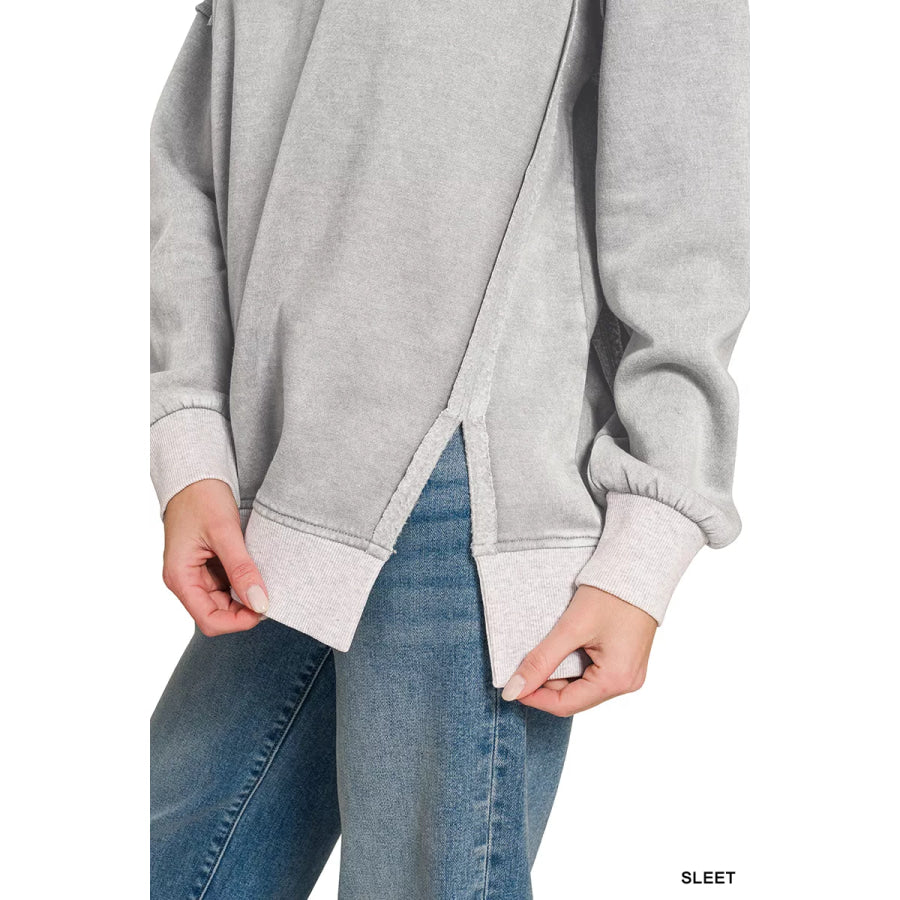 Zenana Fleece Acid Washed Contrast Trim Pullover Apparel and Accessories