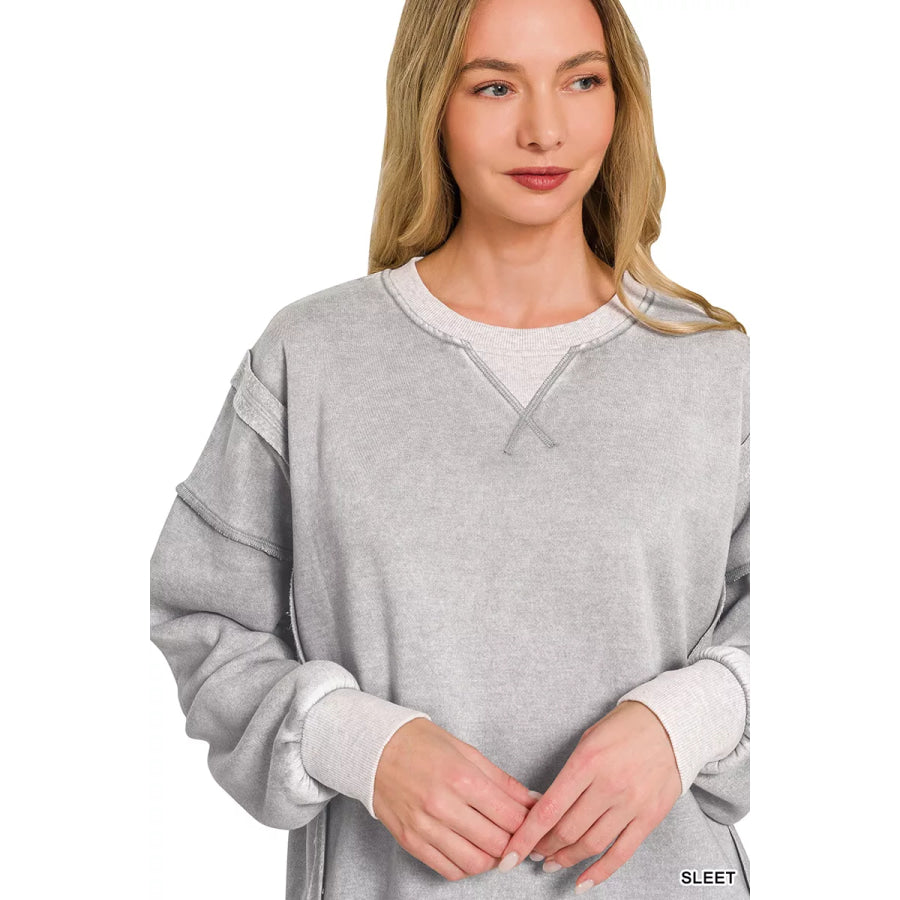 Zenana Fleece Acid Washed Contrast Trim Pullover SLEET / S Apparel and Accessories