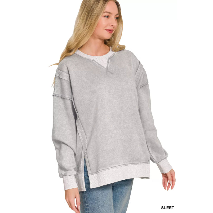 Zenana Fleece Acid Washed Contrast Trim Pullover SLEET / S Apparel and Accessories