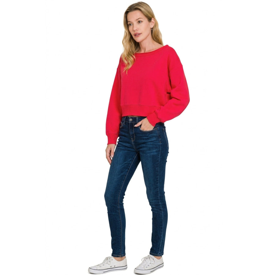 Zenana Fleece Boat-neck Sweatshirt RUBY / S Apparel and Accessories