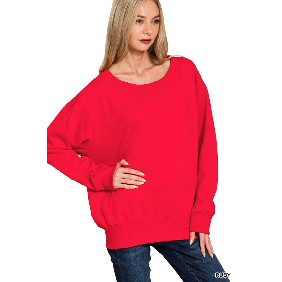 Zenana Fleece Boat Neck Sweatshirt RUBY / S Apparel and Accessories