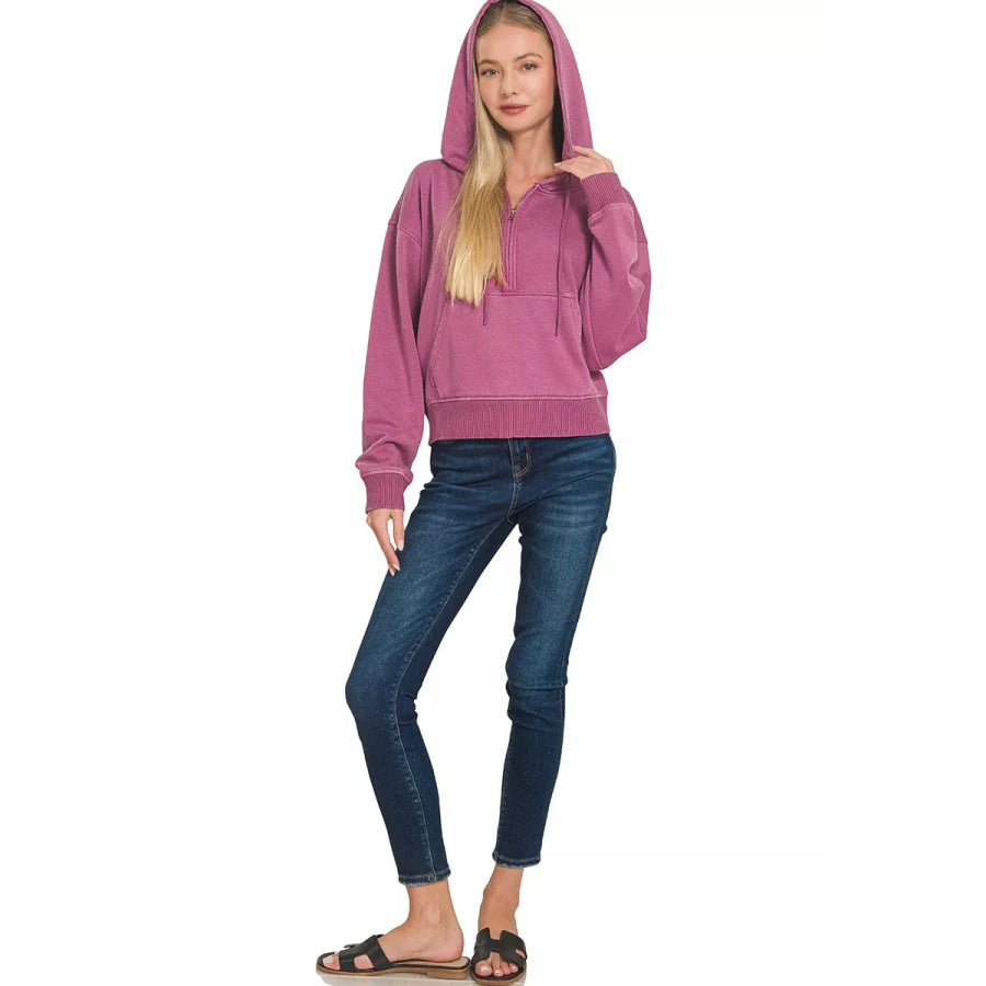 Zenana Fleece Pigment Dye Half Zip Kangaroo Pocket Hoodie Apparel and Accessories