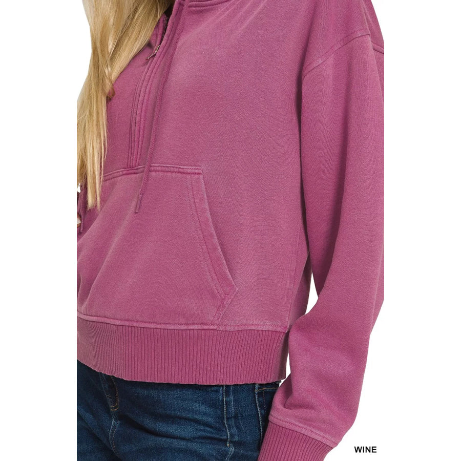 Zenana Fleece Pigment Dye Half Zip Kangaroo Pocket Hoodie Apparel and Accessories