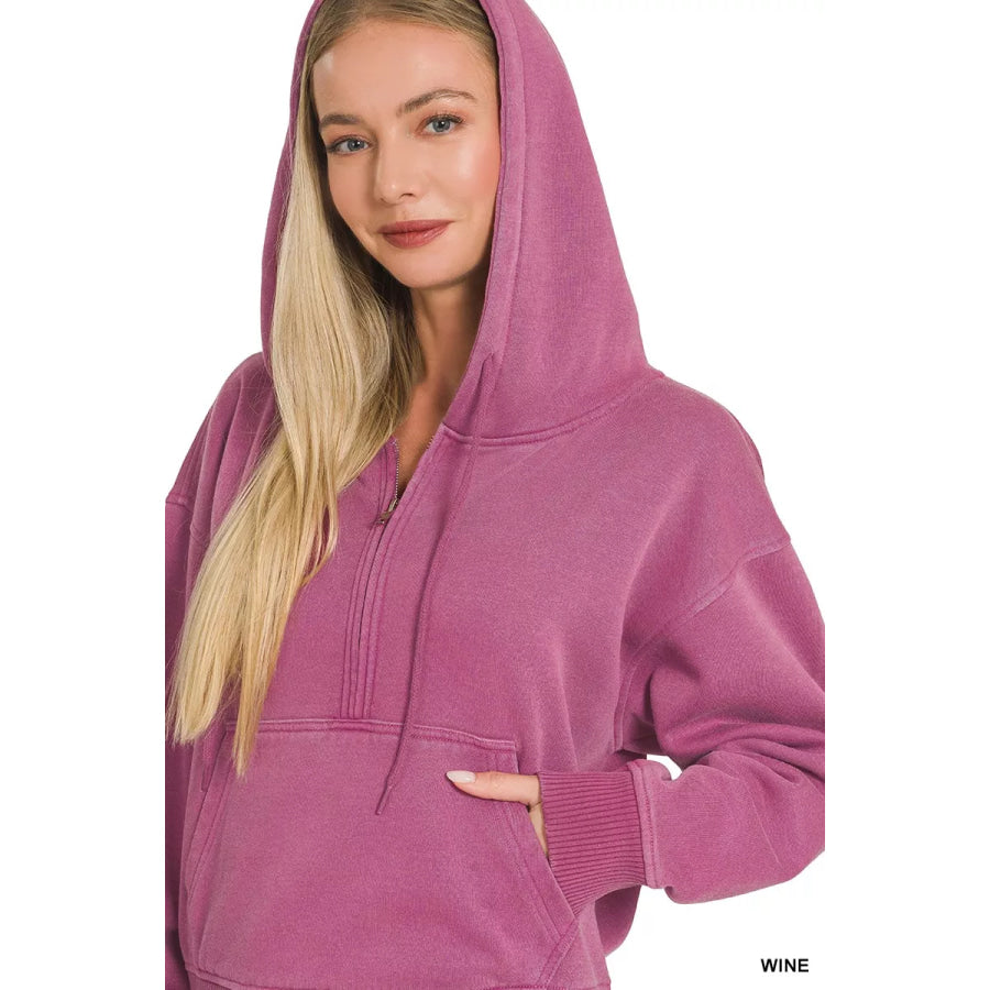 Zenana Fleece Pigment Dye Half Zip Kangaroo Pocket Hoodie Apparel and Accessories