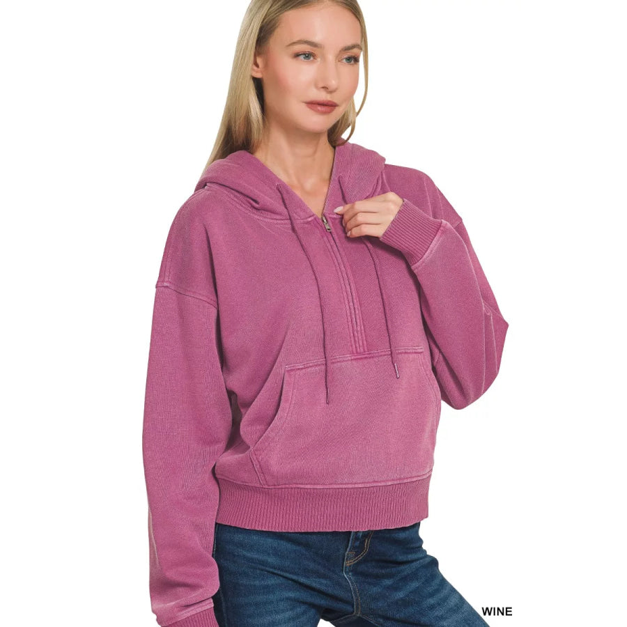 Zenana Fleece Pigment Dye Half Zip Kangaroo Pocket Hoodie Apparel and Accessories