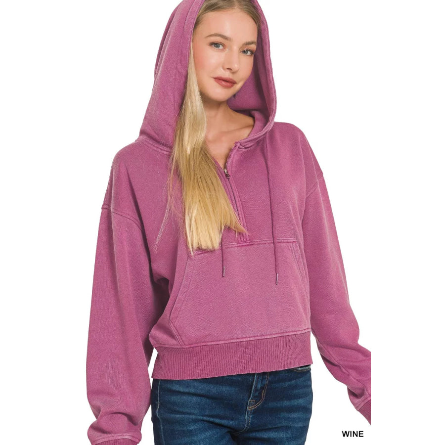 Zenana Fleece Pigment Dye Half Zip Kangaroo Pocket Hoodie WINE / S Apparel and Accessories