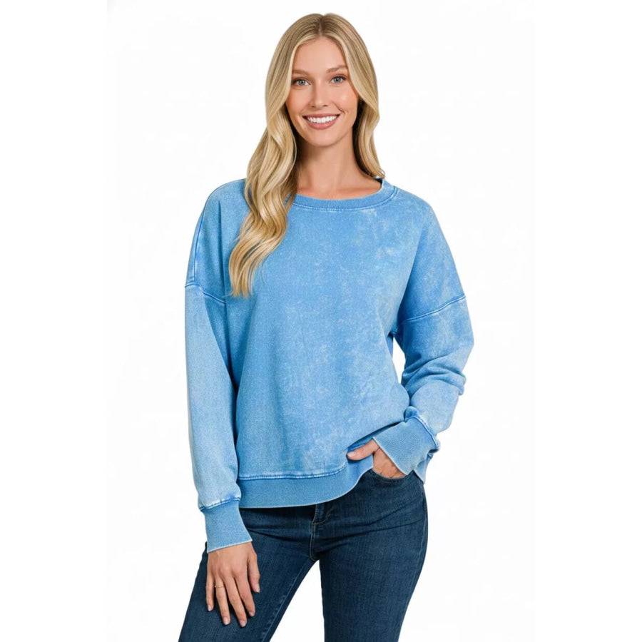Zenana French Terry Acid Wash Boat Neck Sweatshirt Apparel and Accessories