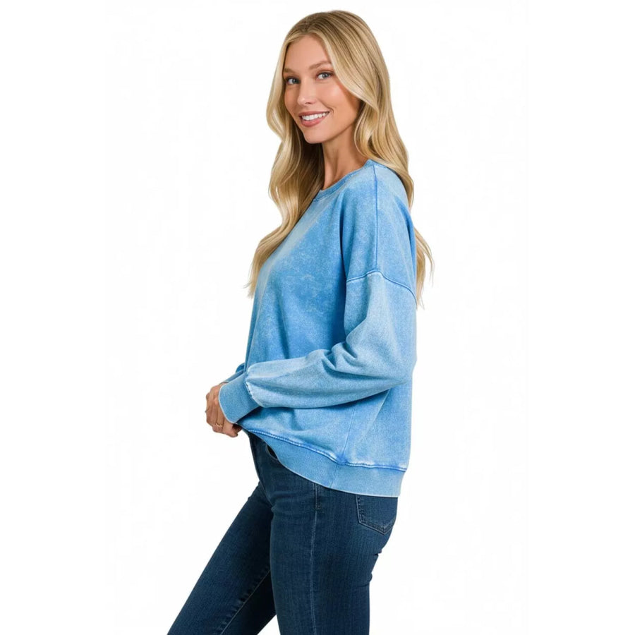 Zenana French Terry Acid Wash Boat Neck Sweatshirt OCEAN BLUE / S Apparel and Accessories
