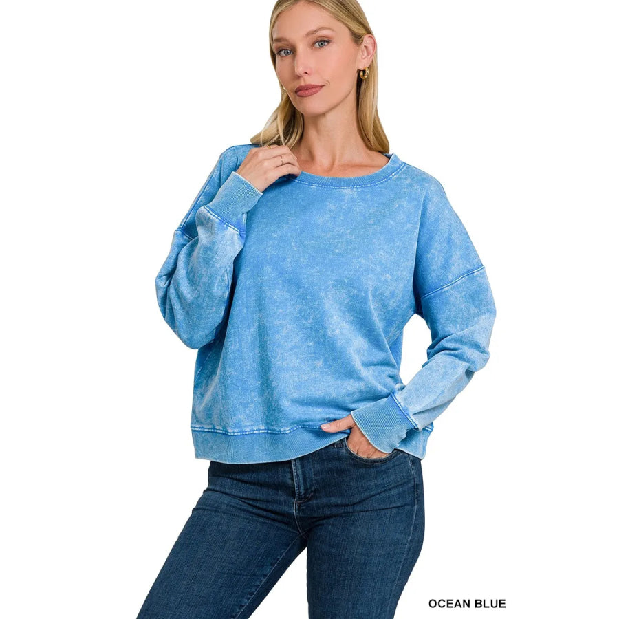 Zenana French Terry Acid Wash Boat Neck Sweatshirt OCEAN BLUE / S Apparel and Accessories