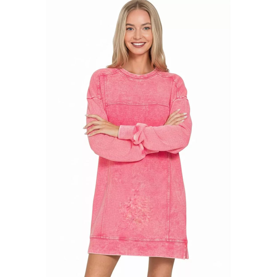 Zenana French Terry Acid Washed Dress with Pockets Apparel and Accessories