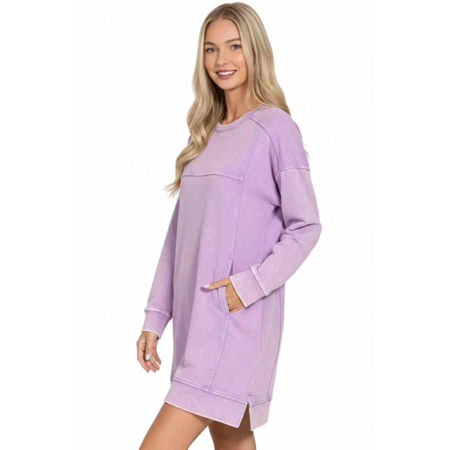Zenana French Terry Acid Washed Dress with Pockets LAVENDER / S Apparel and Accessories