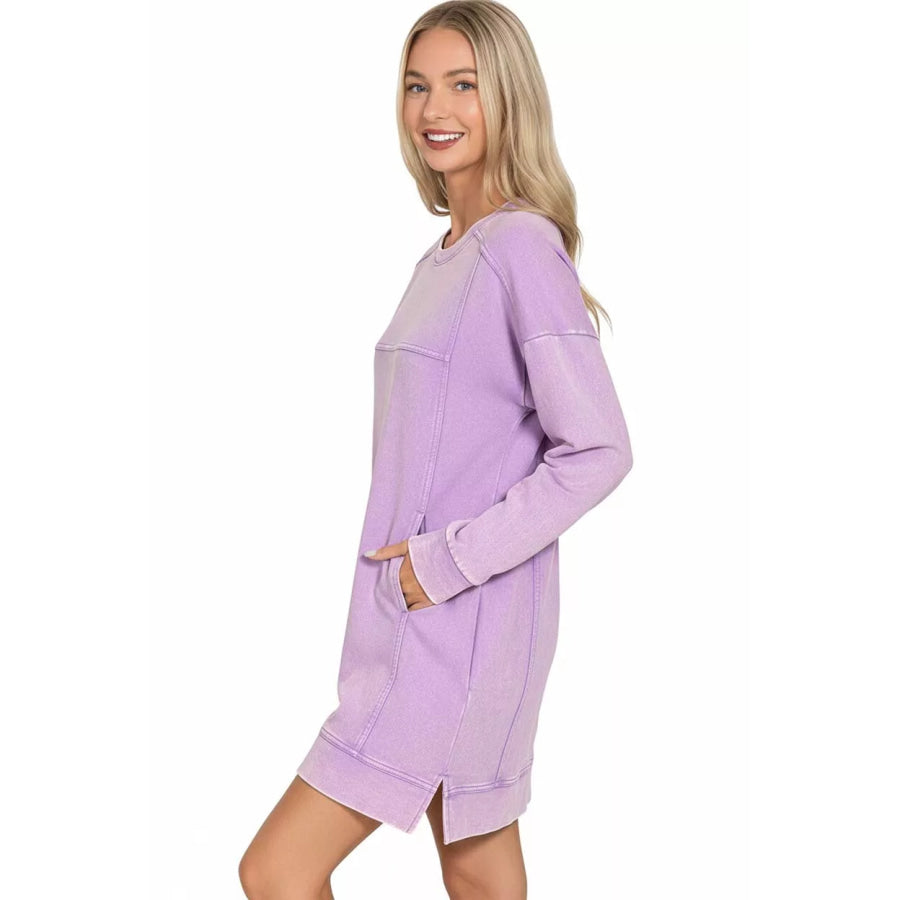 Zenana French Terry Acid Washed Dress with Pockets Apparel and Accessories