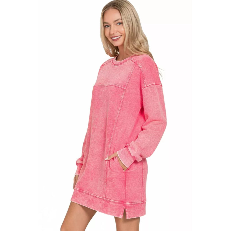 Zenana French Terry Acid Washed Dress with Pockets Apparel and Accessories