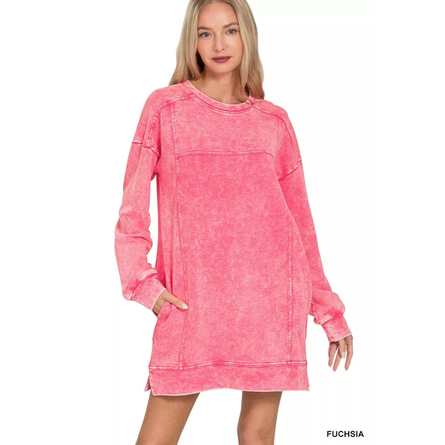 Zenana French Terry Acid Washed Dress with Pockets FUCHSIA / S Apparel and Accessories