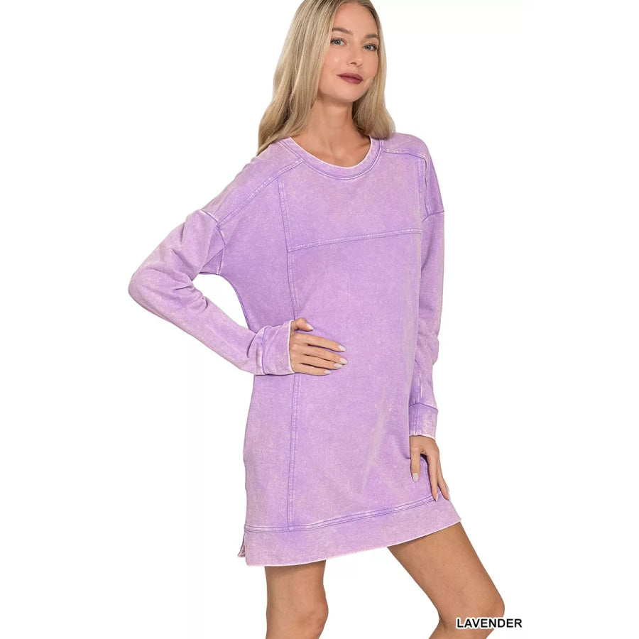Zenana French Terry Acid Washed Dress with Pockets LAVENDER / S Apparel and Accessories