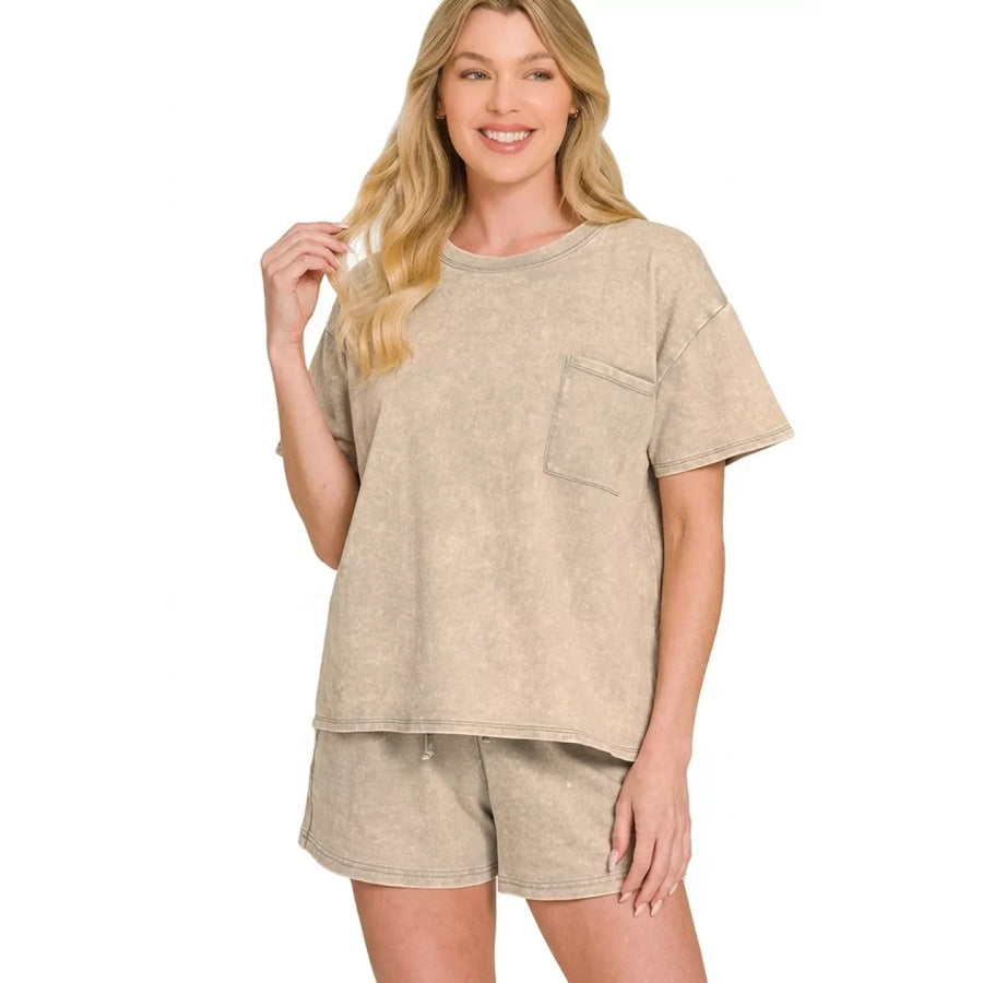 Zenana French Terry Acid Washed Relaxed Top & Short Set Apparel and Accessories