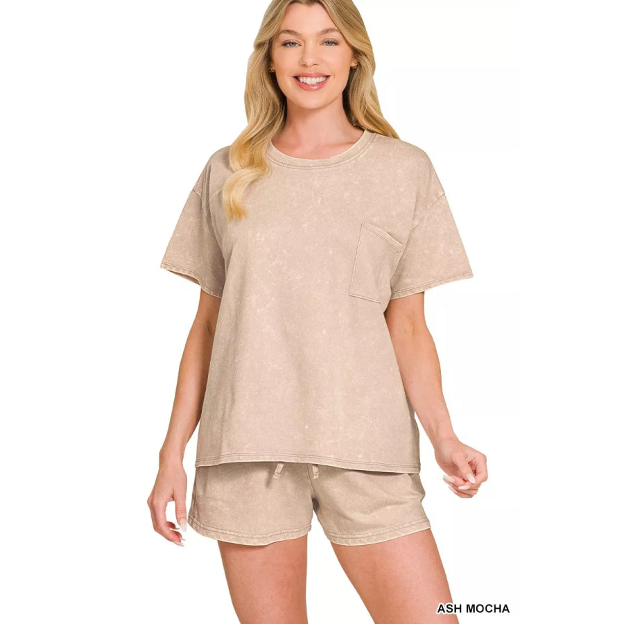 Zenana French Terry Acid Washed Relaxed Top & Short Set ASH MOCHA / S Apparel and Accessories