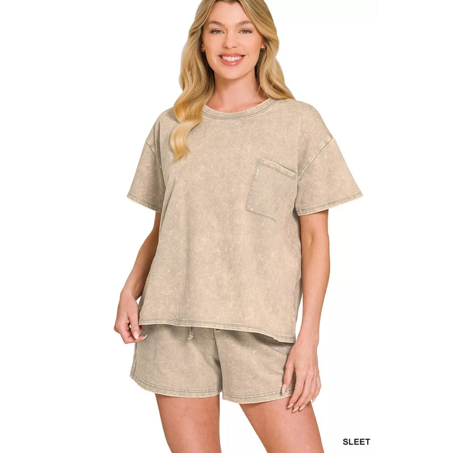 Zenana French Terry Acid Washed Relaxed Top & Short Set SLEET / S Apparel and Accessories