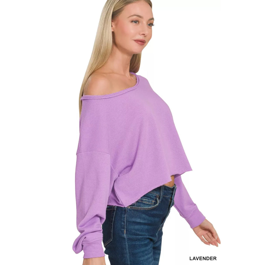 Zenana French Terry Boatneck Crop Top LAVENDER / S Apparel and Accessories